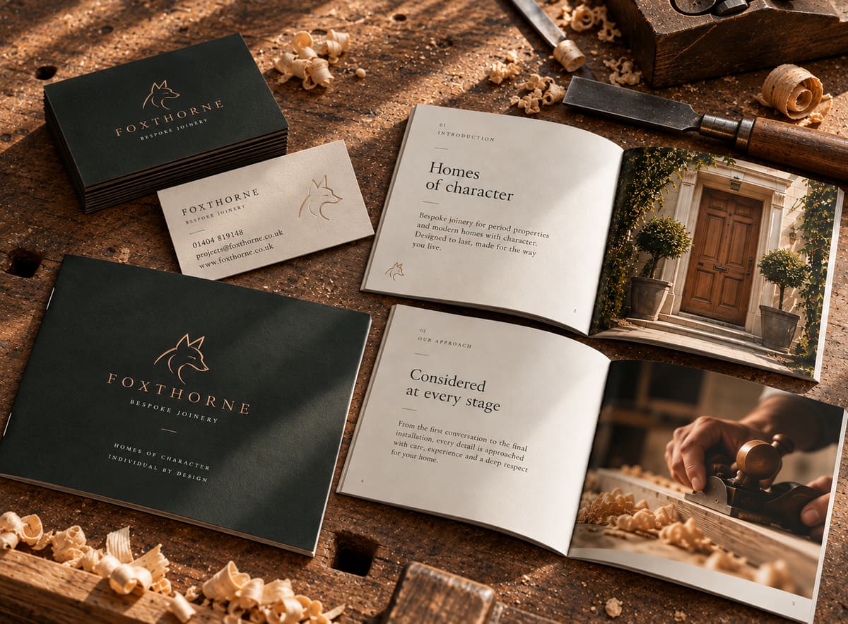 Foxthorne business cards and brochure on a workbench among wood shavings