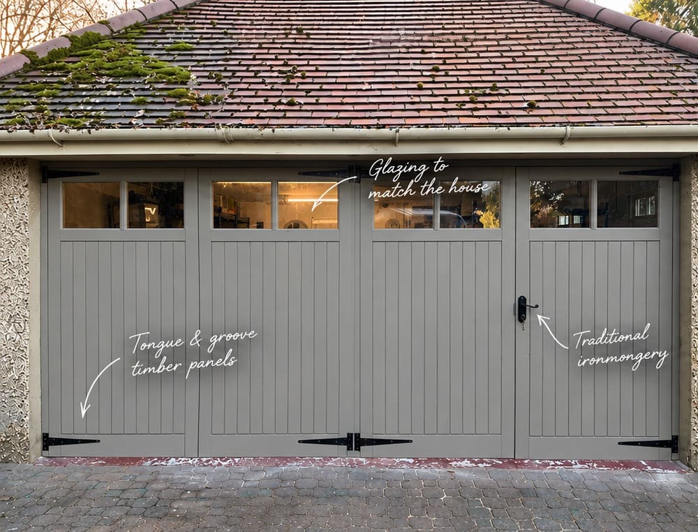 Bespoke timber garage doors with handwritten detail annotations